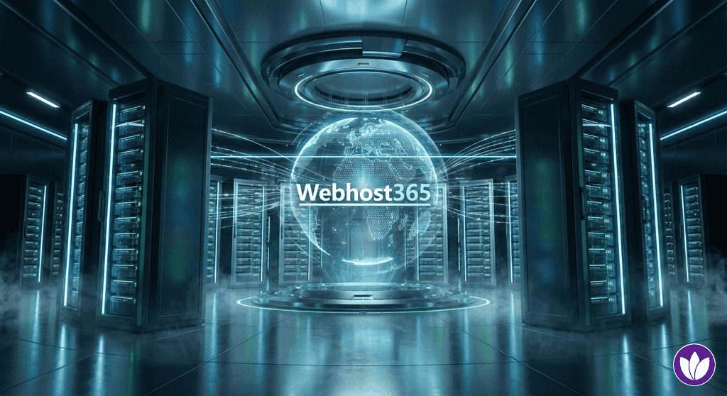 Futuristic server room with a glowing digital globe representing global edge delivery and integrated CDN hosting by Webhost 365.