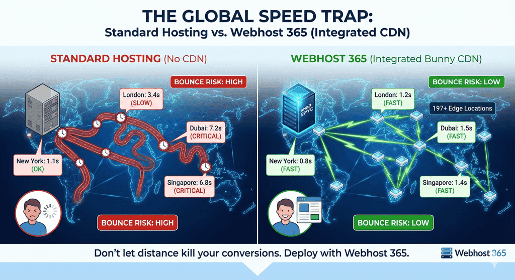 Infographic showing global load time comparison between standard hosting and Webhost 365 integrated CDN.