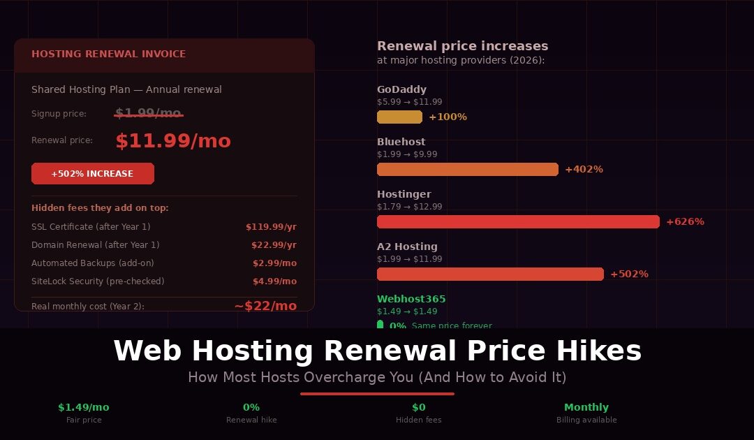 Web hosting renewal price hike showing invoice with $1.99 signup price crossed out and $11.99 renewal price alongside percentage increases from GoDaddy Bluehost Hostinger and A2 Hosting