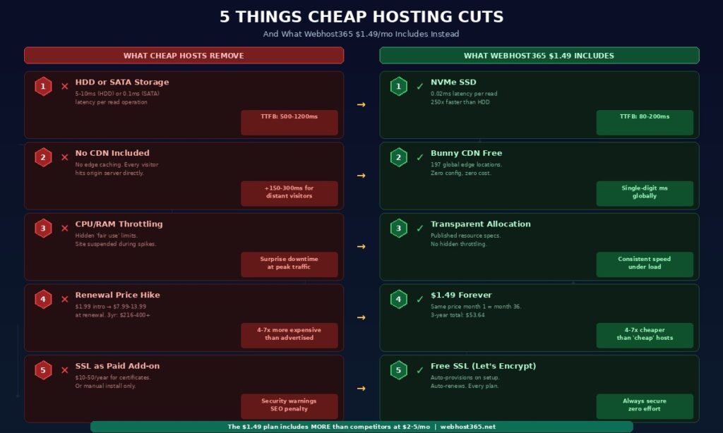 5 things cheap hosting providers cut showing numbered comparison cards with what cheap hosts remove on the left including HDD storage no CDN CPU throttling renewal price hikes and paid SSL with red impact badges versus what Webhost365 1.49 per month includes on the right including NVMe SSD Bunny CDN transparent resources same price forever and free Let's Encrypt SSL with green benefit badges and arrows between each pair