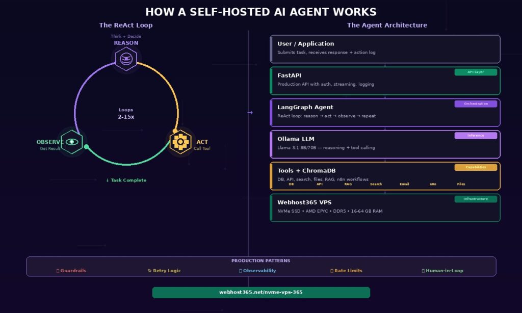 How a self-hosted AI agent works showing two-part visual with the ReAct loop on the left as a circular diagram with 3 hexagonal stage nodes for Reason with brain icon Act with gear icon and Observe with eye icon connected by coloured arcs looping 2 to 15 times and the full agent architecture stack on the right showing 6 layers from user application through FastAPI LangGraph agent Ollama LLM tools plus ChromaDB and Webhost365 VPS infrastructure with production pattern badges for guardrails retry logic observability rate limits and human-in-the-loop at bottom