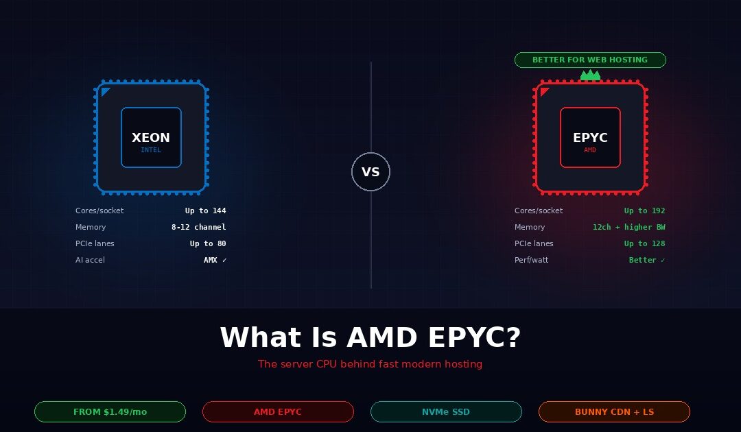 Side-by-side comparison of Intel Xeon and AMD EPYC processors showing AMD EPYC winning on cores per socket (up to 192 vs 144), memory bandwidth, PCIe lanes (128 vs 80), and performance per watt for web hosting workloads, with Intel Xeon shown with AMX AI accelerator support