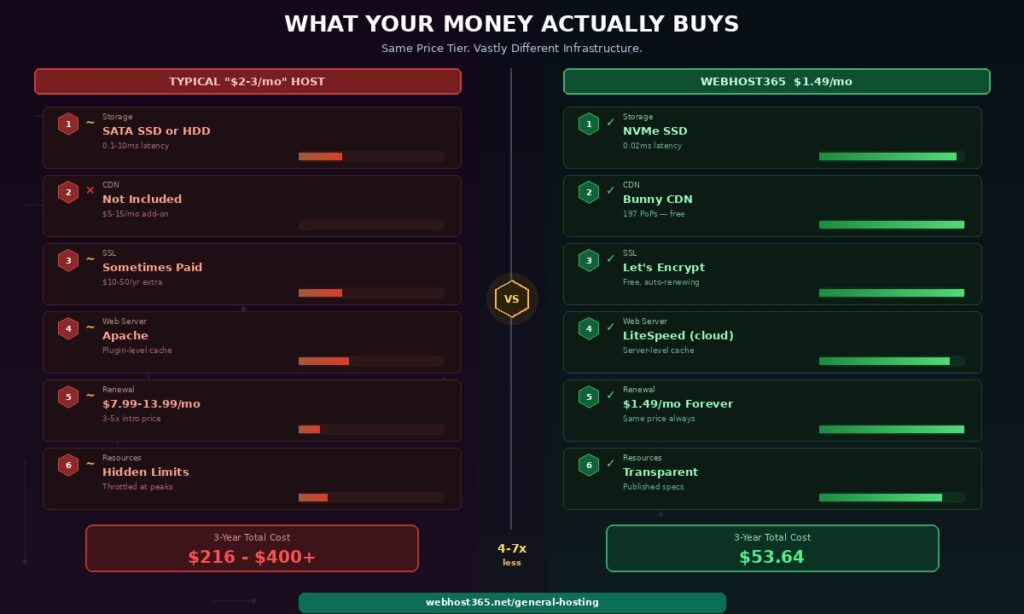 Infrastructure comparison showing what your money buys at a typical 2 to 3 dollar cheap host versus Webhost365 at 1.49 per month with six stacked layers comparing SATA versus NVMe no CDN versus Bunny CDN 197 PoPs paid SSL versus free Let's Encrypt Apache versus LiteSpeed renewal hikes versus same price forever and hidden limits versus transparent resources with performance bars and 3 year total cost of 216 to 400 dollars versus 53.64 dollars showing 4 to 7 times cheaper