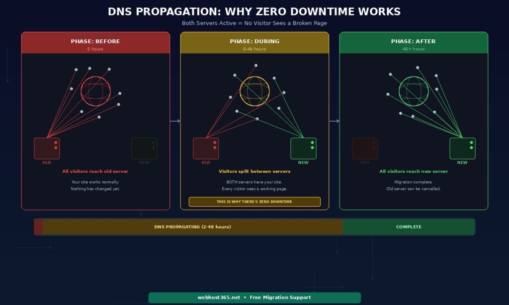 DNS propagation zero downtime explained in three phases showing phase 1 before DNS change with all visitors reaching old server phase 2 during propagation with visitors split between old and new servers both serving identical content producing zero downtime and phase 3 after propagation with all visitors reaching new server with timeline bar showing 2 to 48 hour propagation window