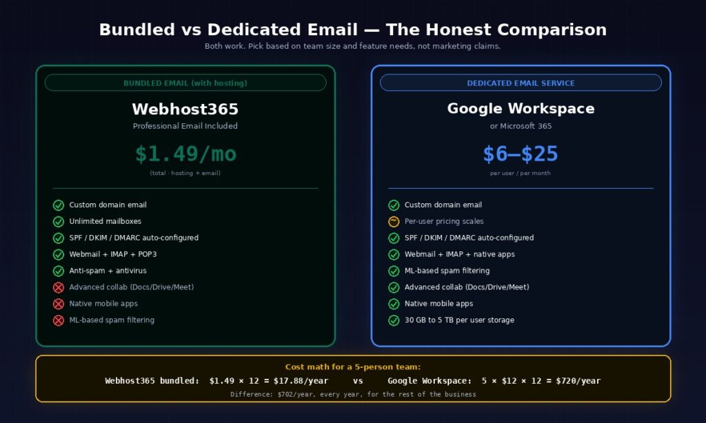 Two-column honest comparison of bundled email hosting included with Webhost365 web hosting at 1.49 dollars per month versus dedicated email services like Google Workspace or Microsoft 365 at 6 to 25 dollars per user per month, with checkmarks showing each platform's features and an explicit cost calculation showing 17.88 dollars per year for bundled versus 720 dollars per year for dedicated services on a 5-person team