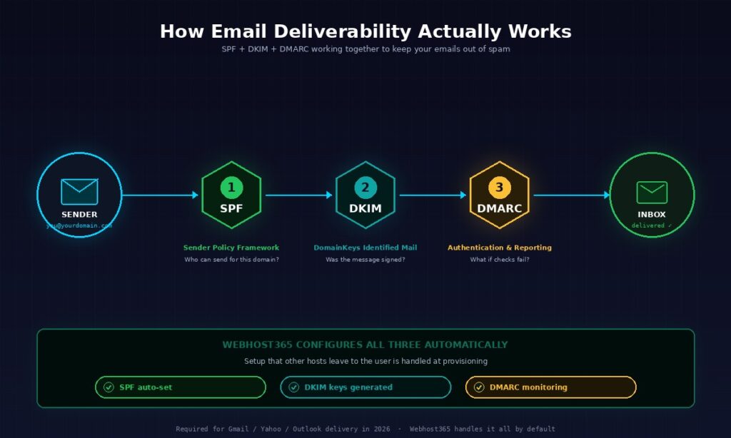Email deliverability infographic showing the flow from sender to recipient inbox through three sequential authentication checkpoints — SPF (Sender Policy Framework) verifies who can send for the domain, DKIM (DomainKeys Identified Mail) verifies the message was cryptographically signed and not modified in transit, and DMARC (Domain-based Message Authentication, Reporting, and Conformance) specifies what receivers should do when SPF or DKIM checks fail — with a Webhost365 callout noting all three are configured automatically on every hosting plan as required for Gmail, Yahoo, and Outlook delivery