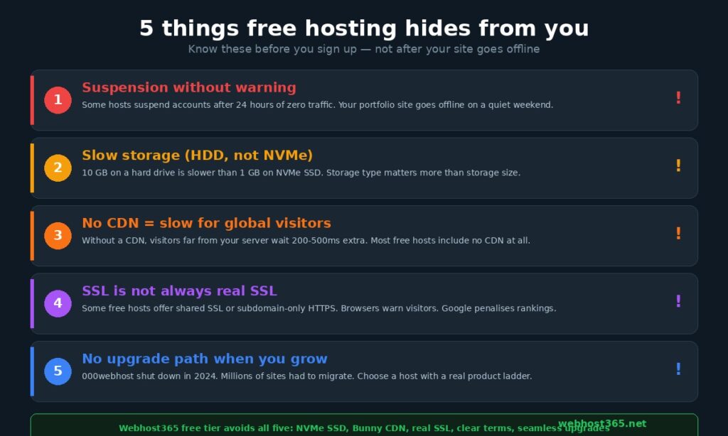 Five things free hosting hides from you including suspension without warning slow HDD storage no CDN shared SSL and no upgrade path with warning indicators for each item