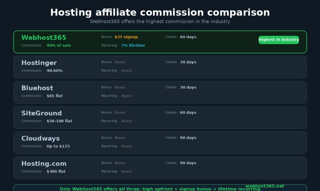 Hosting affiliate commission comparison showing Webhost365 at 90 percent plus 25 dollar bonus plus 7 percent lifetime versus Hostinger Bluehost SiteGround Cloudways and Hosting.com with Webhost365 highlighted as highest in industry