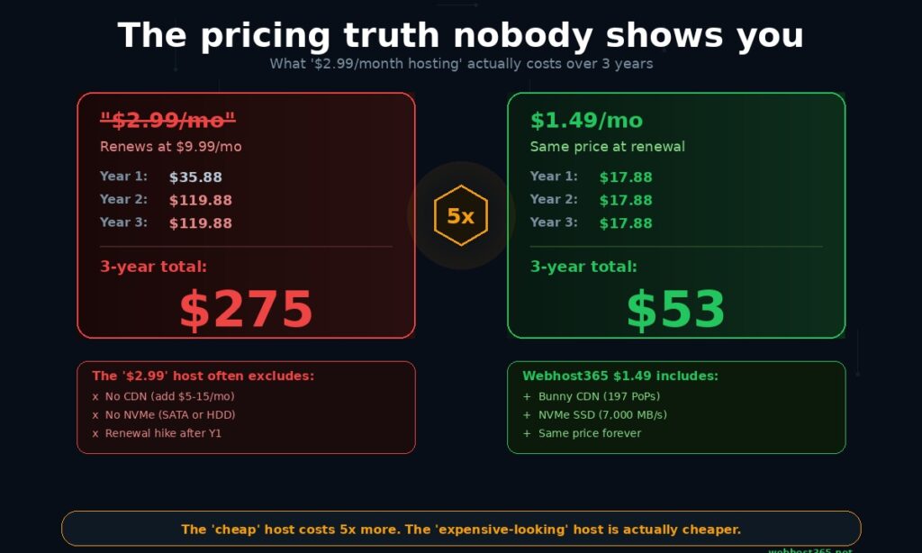 Hosting pricing truth showing typical 2.99 per month host costing 275 dollars over 3 years due to renewal hike versus Webhost365 at 1.49 per month costing 53 dollars with a 5x cost difference hexagonal callout and feature comparison showing the cheap host excludes CDN NVMe and price stability