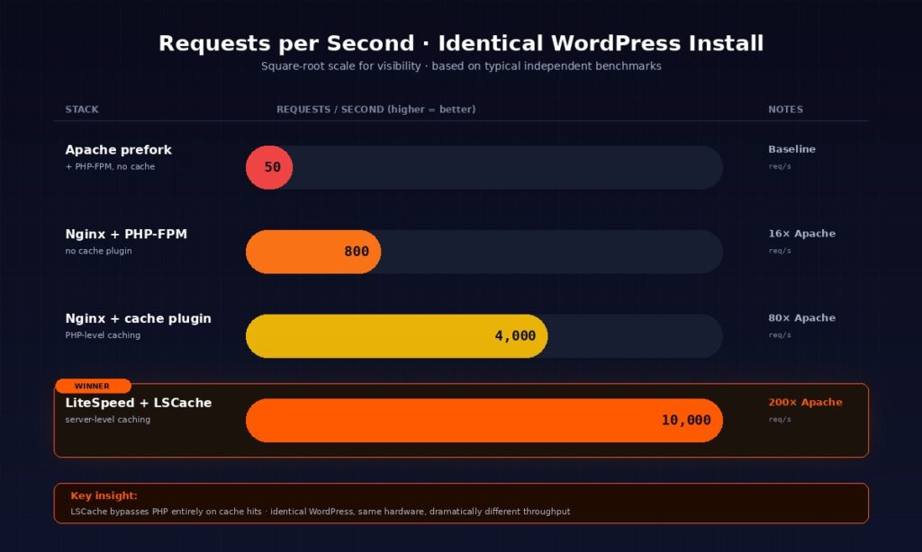 Horizontal bar chart showing WordPress requests per second across Apache prefork at 50, Nginx with PHP-FPM at 800, Nginx with cache plugin at 4000, and LiteSpeed with LSCache at 10000 demonstrating LiteSpeed serving 200 times more requests per second than Apache