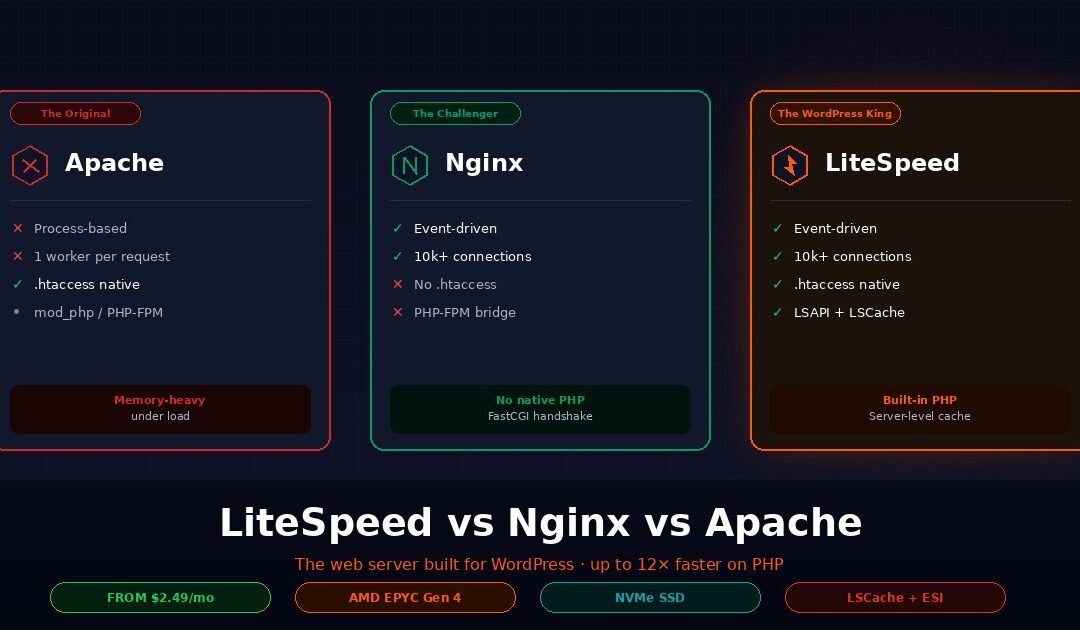 Three-column comparison of Apache process-based architecture, Nginx event-driven architecture, and LiteSpeed combined event-driven plus native PHP architecture, showing LiteSpeed as the WordPress King with LSAPI and LSCache