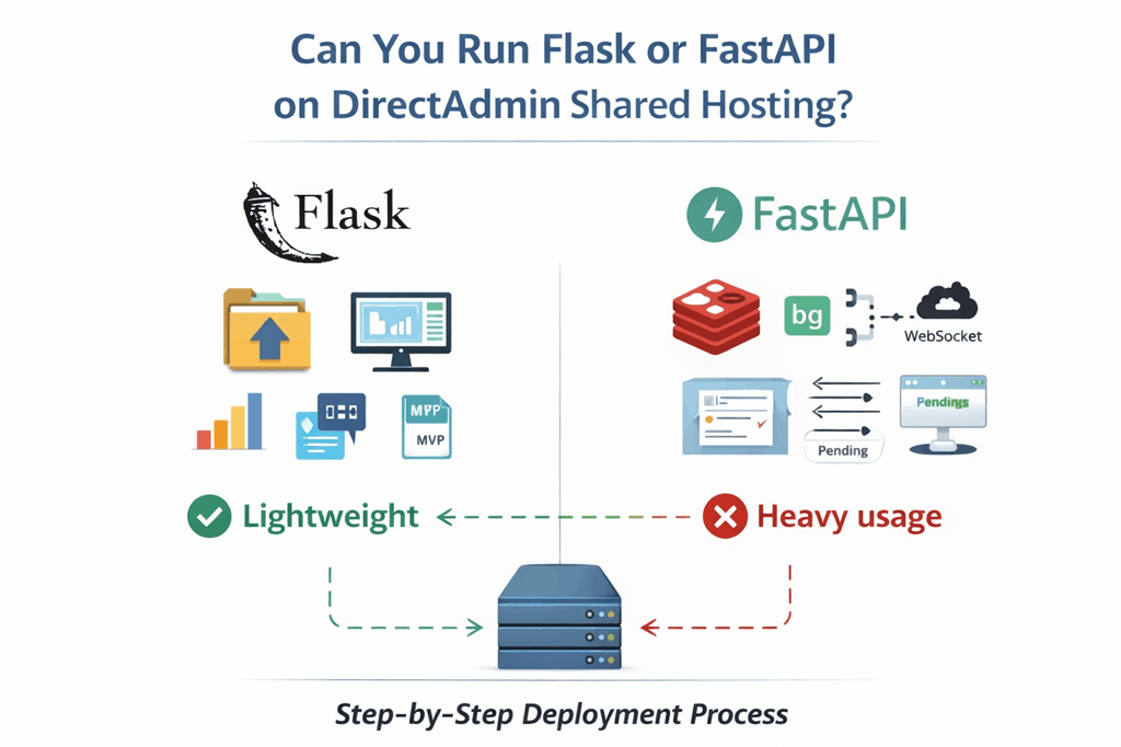 Comparison infographic showing Flask and FastAPI on DirectAdmin shared hosting for lightweight and heavier Python app use cases