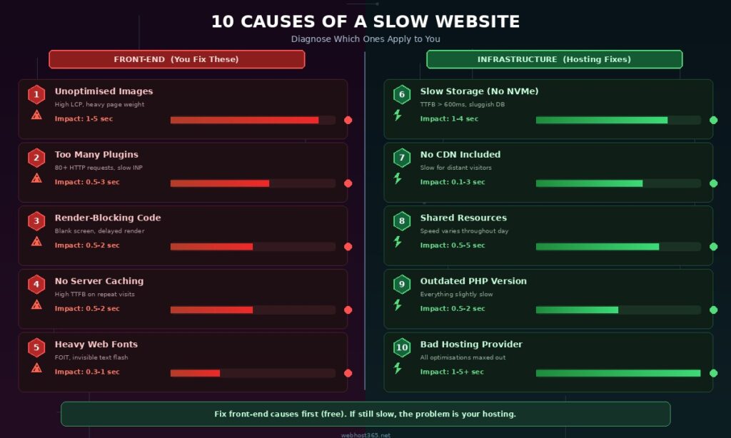 10 causes of a slow website diagnostic map showing 5 front-end causes with red impact bars including unoptimised images plugins render-blocking code no caching and heavy fonts versus 5 infrastructure causes with green impact bars including slow storage no CDN shared resources outdated PHP and bad hosting provider with severity dots for each