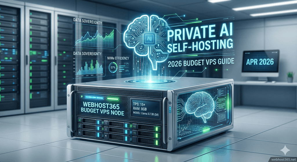 A wide-angle digital visualization of a futuristic data center aisle in 2026, featuring multiple glowing server racks. A specific 'WEBHOST365 BUDGET VPS NODE' server appliance, labeled with technical specs for Llama 3.2 3B (Q4), sits in the foreground, glowing with cool blue and green lights. Hovering above it is a massive, multi-paneled holographic interface displaying the complete blog post title 'How to Host a Private, Local LLM on a Budget VPS: The 2026 Guide to Affordable AI Self-Hosting'. Below the title, interactive panels detail the setup process: 'OLLAMA SETUP', 'MODEL (Llama 3.2 3B Q4)', 'NVMe STORAGE', 'SECURE & LOCAL', alongside data efficiency graphs.