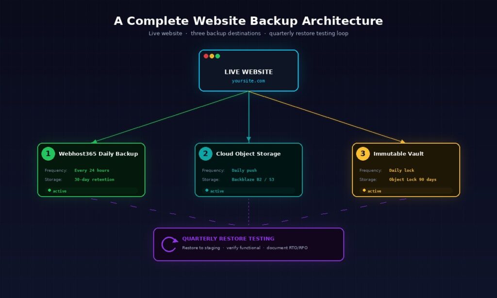 Backup architecture diagram showing a live website connected to three automated backup destinations — Webhost365 daily backup with 30-day retention every 24 hours, cloud object storage on Backblaze B2 or AWS S3 with daily push, and an immutable vault with Object Lock 90-day retention — plus a quarterly restore testing feedback loop to verify backup integrity by restoring to staging and documenting Recovery Time and Recovery Point Objectives