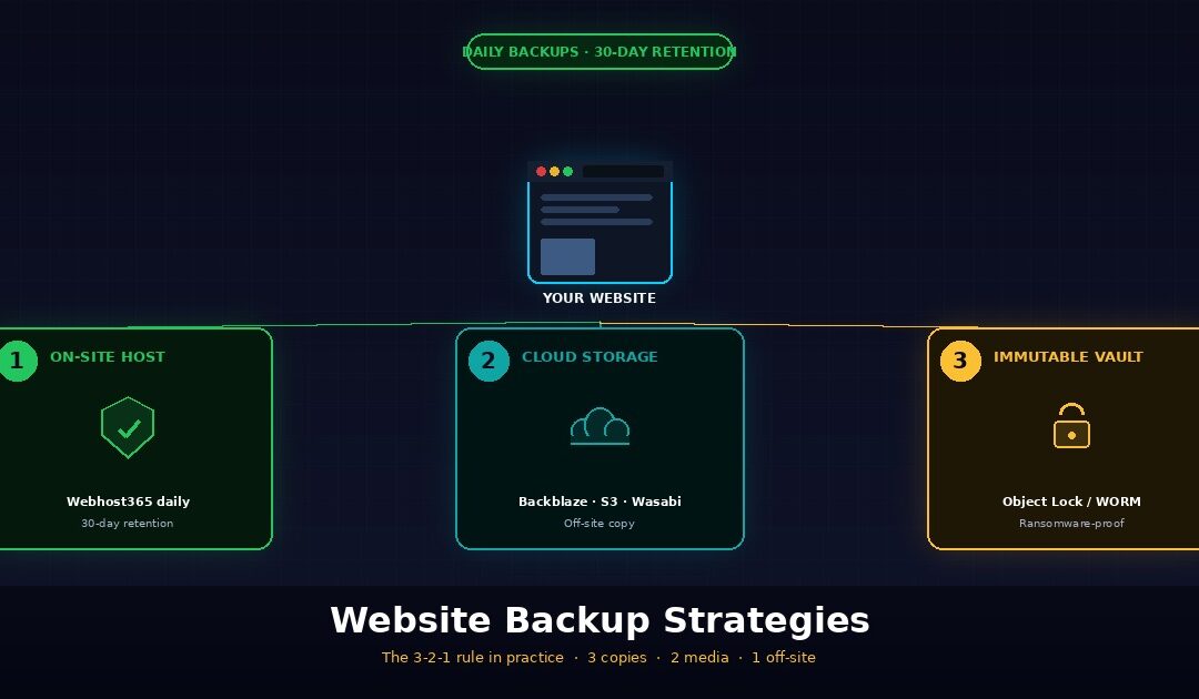 Visualisation of the 3-2-1 backup rule for websites showing a website connected to three backup destinations — Webhost365 daily on-site backup with 30-day retention as destination 1, cloud storage on Backblaze, S3, or Wasabi as destination 2, and an immutable vault using Object Lock or WORM for ransomware protection as destination 3