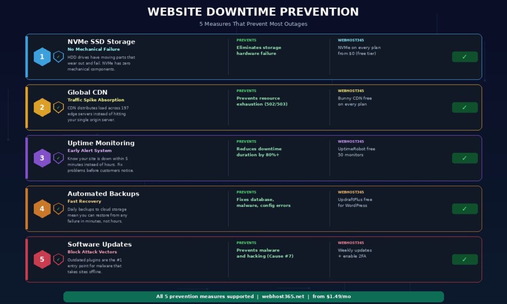 Website downtime prevention checklist showing 5 measures with shield icons including NVMe SSD storage preventing mechanical failure global CDN preventing traffic spike overload uptime monitoring for early alerts automated backups for fast recovery and software updates blocking attack vectors each with what it prevents and Webhost365 implementation details with green checkmark badges