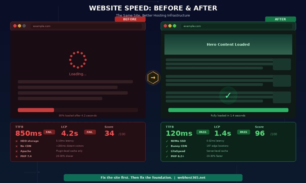 Website speed before and after comparison showing slow site with loading spinner TTFB 850ms LCP 4.2 seconds score 34 and HDD no CDN Apache PHP 7.4 versus fast site fully loaded with TTFB 120ms LCP 1.4 seconds score 96 and NVMe SSD Bunny CDN LiteSpeed PHP 8.2 on Webhost365