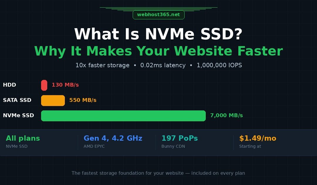 What is NVMe SSD and why it makes your website faster showing speed comparison of HDD at 130 MB per second SATA SSD at 550 MB per second and NVMe SSD at 7000 MB per second with Webhost365 specs including AMD EPYC Gen 4 Bunny CDN 197 PoPs and pricing from 1.49 per month