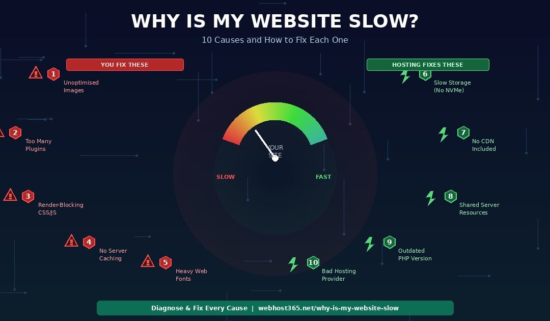 Why is my website slow showing speedometer gauge pointing to slow with 10 numbered causes arranged around it 5 front-end causes with warning triangles on the left labeled you fix these and 5 infrastructure causes with lightning bolts on the right labeled hosting fixes these on Webhost365