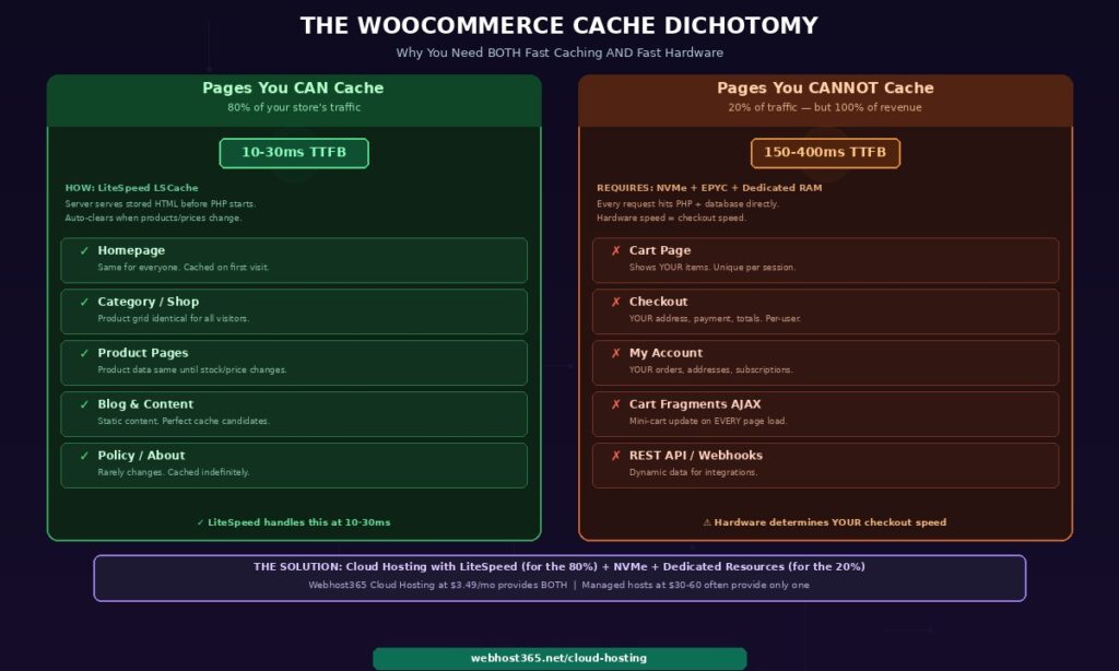 WooCommerce cache dichotomy showing two full columns with pages you can cache on the left at 80 percent of traffic served by LiteSpeed LSCache at 10 to 30ms including homepage category product blog and policy pages each in green cards with checkmarks and descriptions versus pages you cannot cache on the right at 20 percent of traffic but 100 percent of revenue requiring NVMe plus EPYC at 150 to 400ms including cart checkout my account cart fragments AJAX and REST API each in amber cards with X marks showing that hardware determines checkout speed with solution bar showing Cloud Hosting provides both caching and fast hardware at 3.49 per month