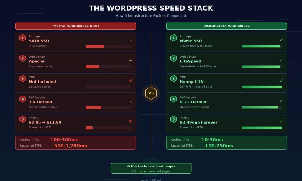 WordPress speed stack comparison showing five infrastructure layers for typical host with SATA Apache no CDN PHP 7.4 and renewal hikes producing 100 to 300ms cached TTFB versus Webhost365 with NVMe LiteSpeed Bunny CDN PHP 8.2 and same pricing producing 10 to 30ms cached TTFB showing 3 to 10x faster performance
