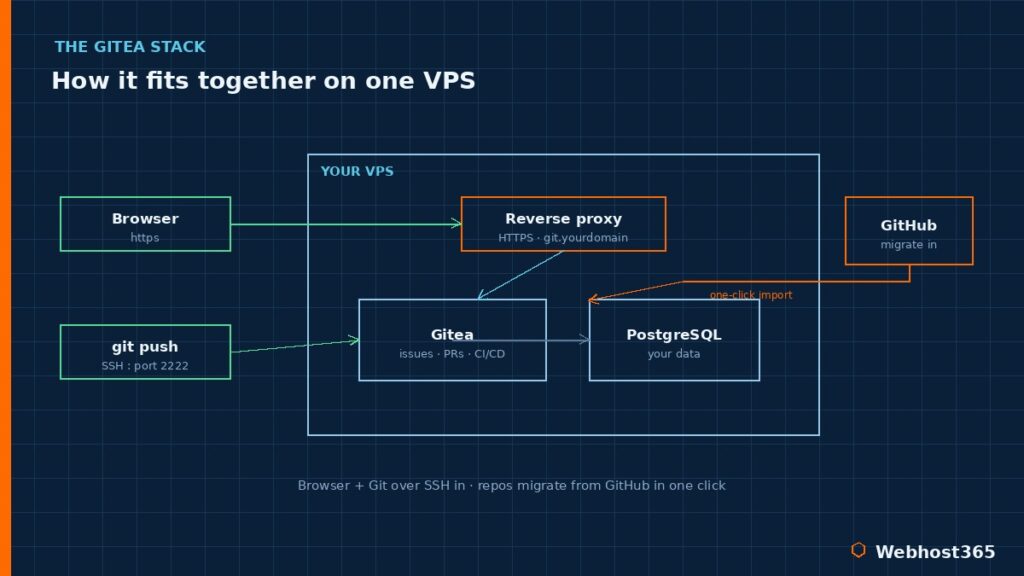 Gitea stack on one VPS: a reverse proxy fronting Gitea and PostgreSQL, with Git over SSH and one-click GitHub migration