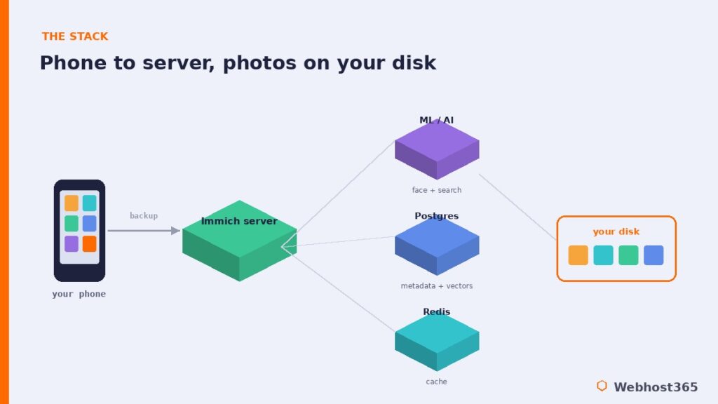 Immich architecture showing phone backup to a server with machine learning, Postgres, and Redis, photos stored on your own disk