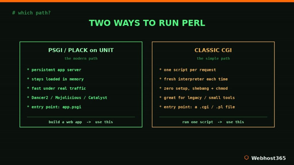 Two ways to run Perl on DirectAdmin: PSGI Plack on NGINX Unit for web apps versus classic CGI for simple scripts