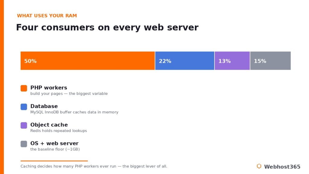 What uses a web server's RAM: PHP workers, database, object cache, and OS shown as proportional shares