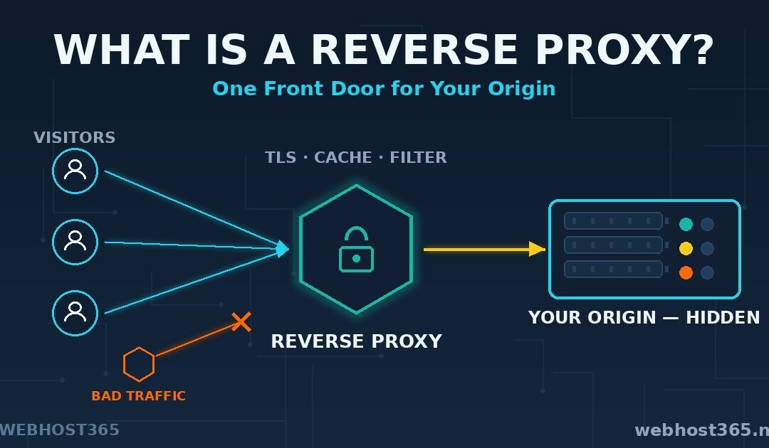 Reverse proxy receiving visitor traffic, filtering bad requests, and forwarding to a hidden origin server