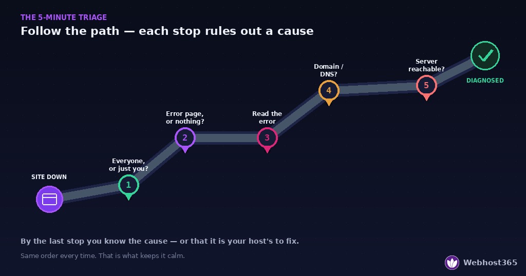 A winding path from a down site up to diagnosed, with five numbered checkpoint pins — is it down for everyone, error or nothing, read the error, domain or DNS, server reachable.
