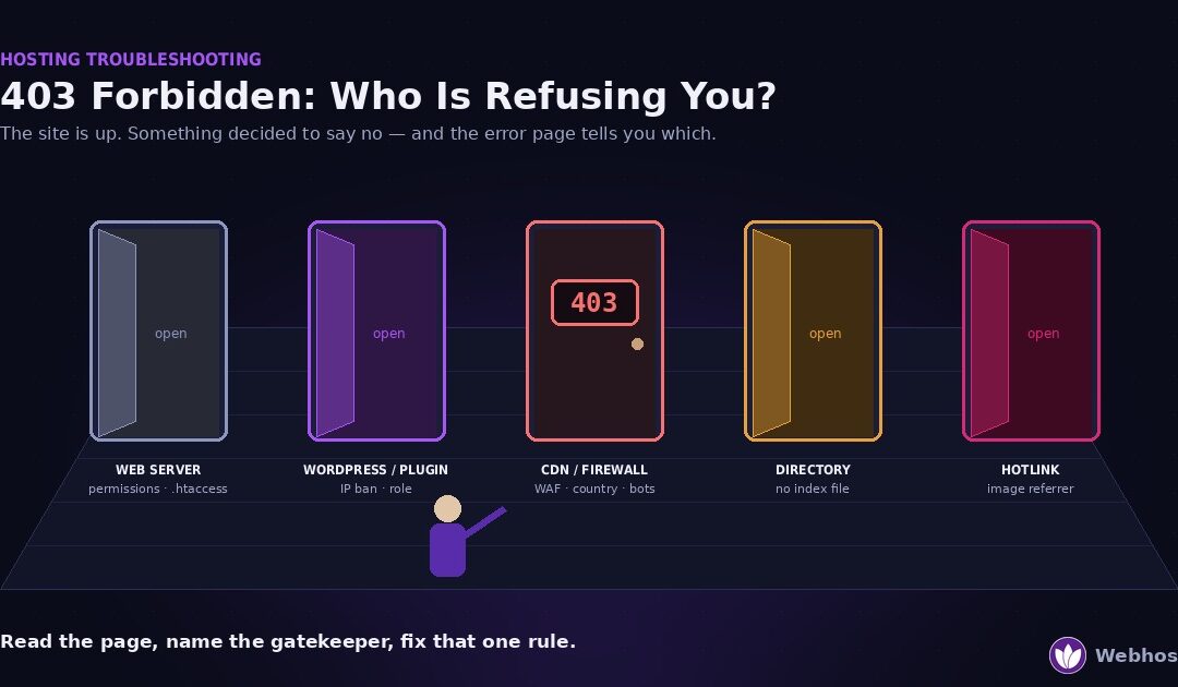 Illustration of the five gatekeepers that can produce a 403 Forbidden error — web server, WordPress or a plugin, CDN or firewall, a directory with no index file, and hotlink protection — shown as five doors in a corridor, with the CDN door closed and marked 403 while a visitor reads the sign.