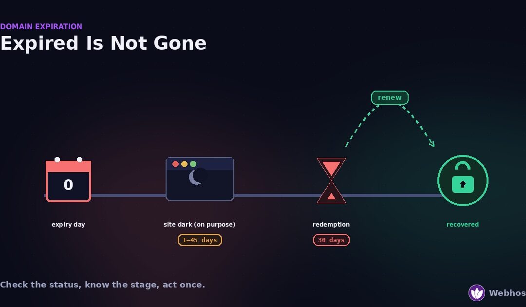 Illustration of the domain expiration journey — expiry day on a calendar, the website going dark, a 30-day redemption hourglass, and a renew action leading back to a recovered domain with a padlock.