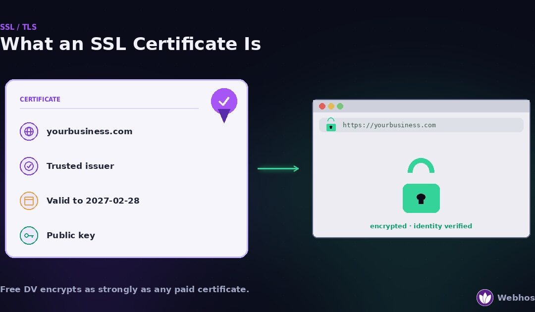 Illustration of an SSL certificate as a card with four fields — the domain name, a trusted issuer, the valid-to date, and the public key — producing a green padlock and HTTPS in a browser.