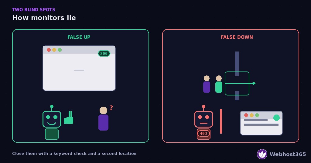 Two ways uptime monitors lie — a false up, where the monitor gives a thumbs-up to a blank page that returned 200 while a visitor is confused, and a false down, where the monitor is stopped by a 403 while human visitors walk through and the site is fine.