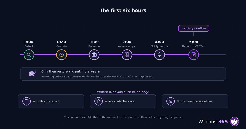 Incident response timeline from detection through containment and evidence preservation to the six-hour CERT-In reporting deadline