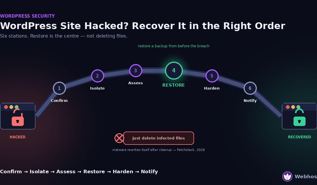 Six-step recovery path for a hacked WordPress site — confirm, isolate, assess, restore, harden, notify — running from a compromised site with a broken padlock to a recovered one, with the restore step highlighted and the 'just delete infected files' shortcut marked as wrong.